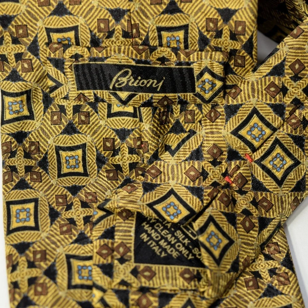 Brioni 100% Silk Tie Gold Black Blue Geometric Medallion Extra Long XL 62